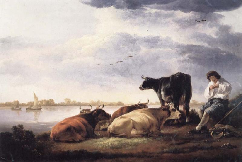 Aelbert Cuyp Cows and Herdsman by a River oil painting image
